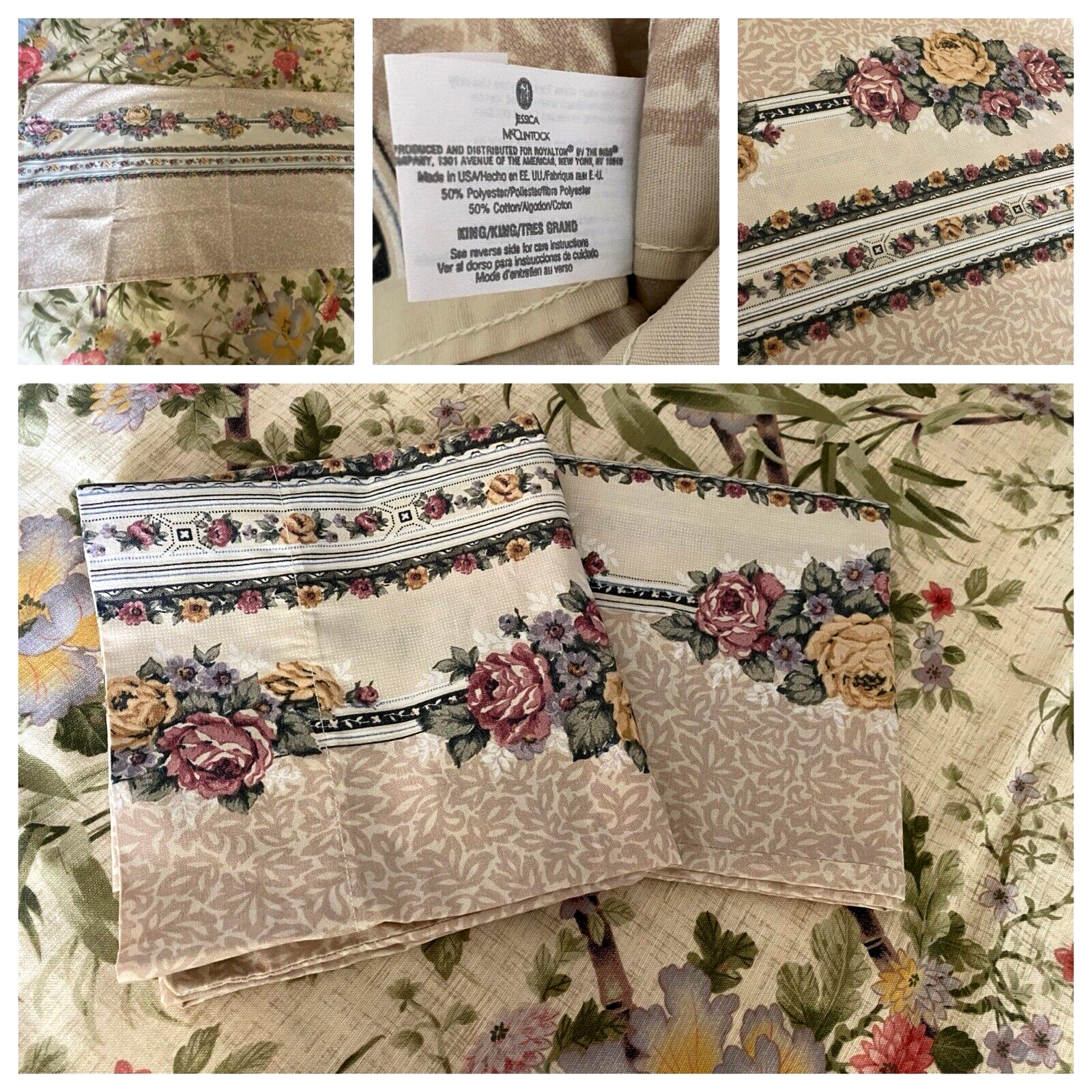 VTG 90\'s JESSICA MCCLINTOCK BEIGE W/ FLORAL BORDER  PILLOWCASE SET SZ KING