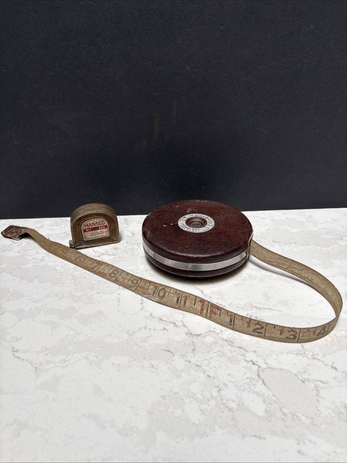 Vtg Measuring Tape Lot 1940s Lufkin 50’ Leather & 1950s Mansco No 256 Pocket