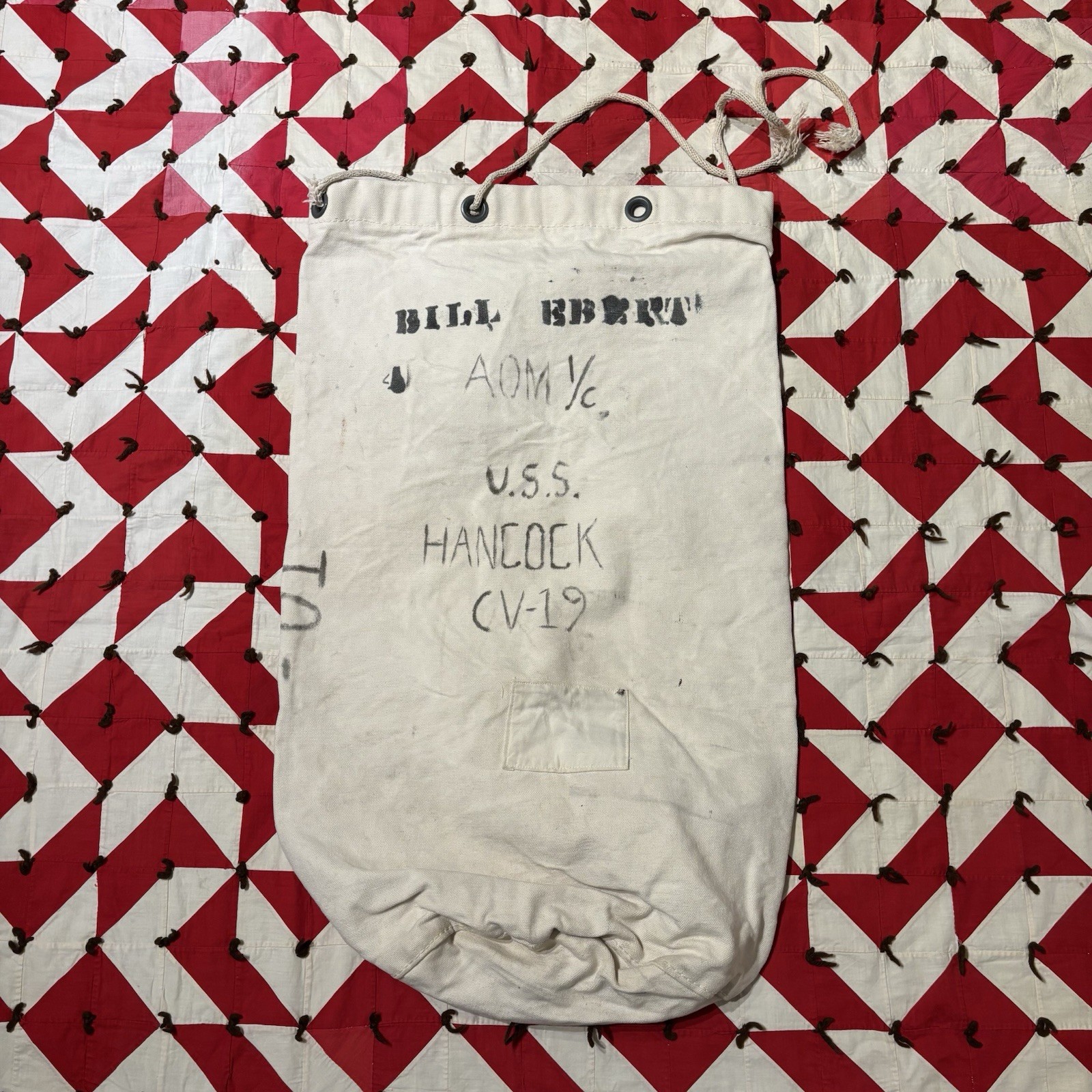 Vintage USS Hancock Stenciled Sea Bag Canvas WW2 As Is Worn USN