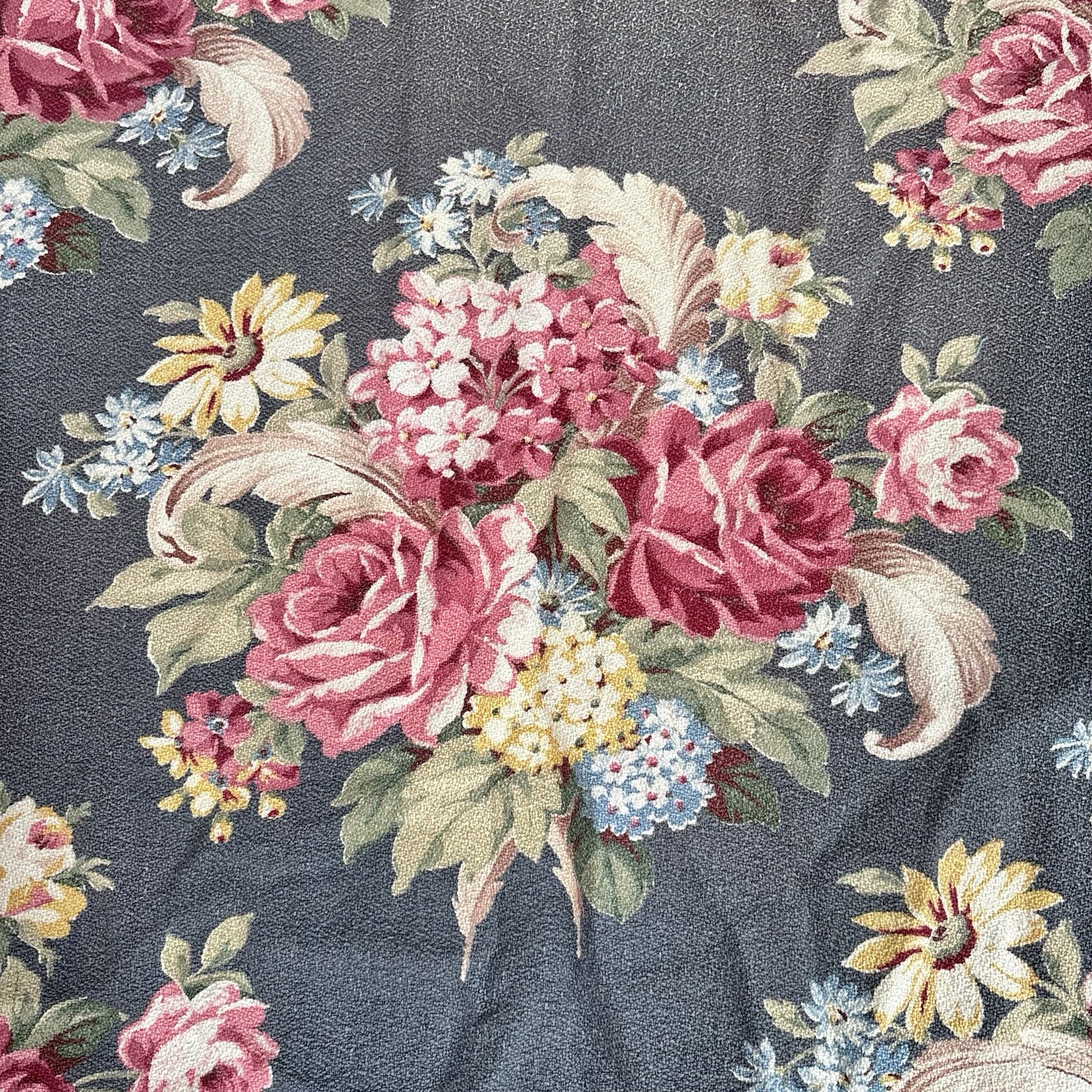 Vtg Barkcloth Drapery Panel 1940s Pink Roses Scrolls Bouquets on Blue-Gray 22x78