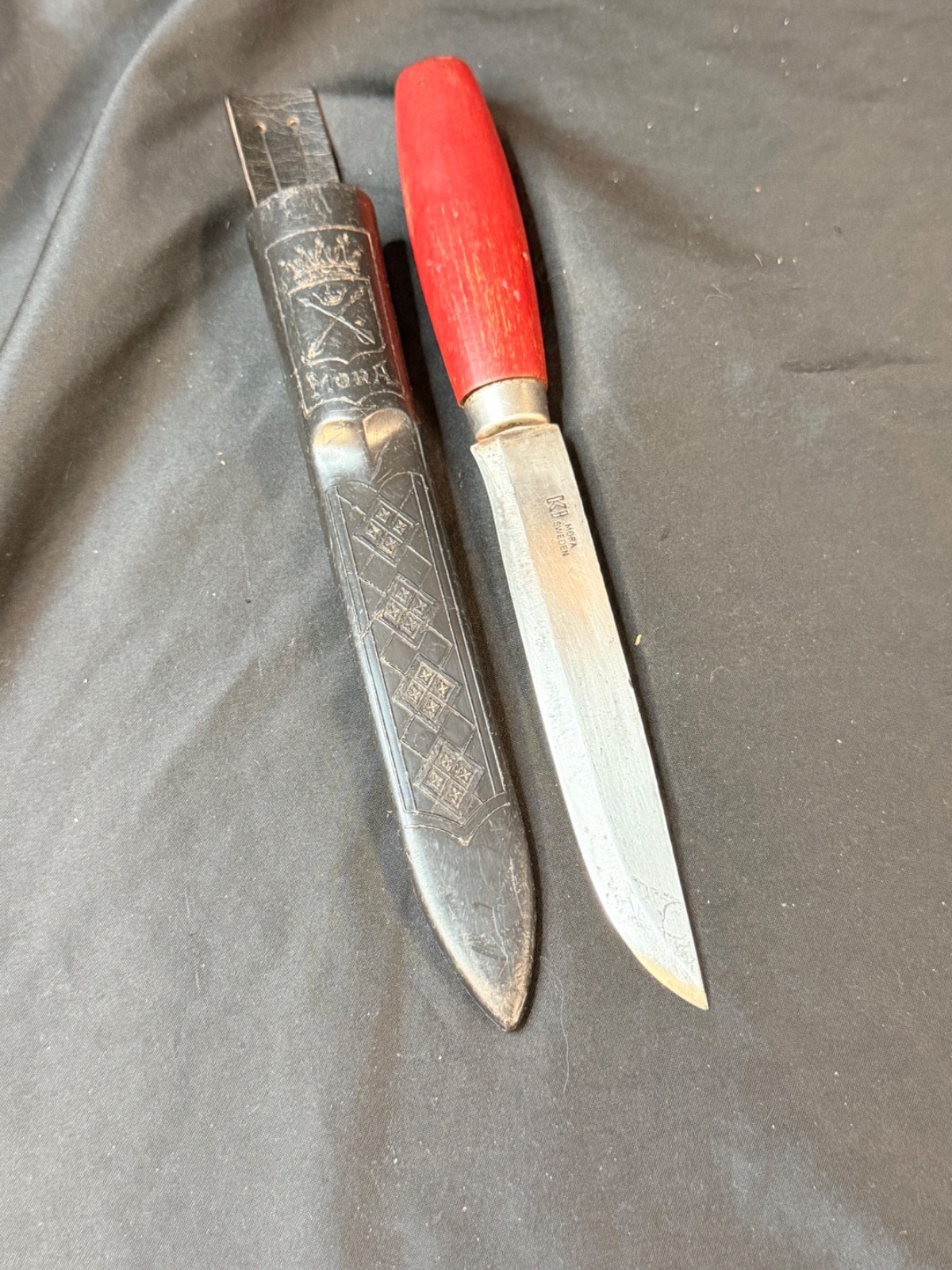 Vintage KJ Mora Sweden Long Knife 6” Blade Red Handle Plastic Sheath Swedish