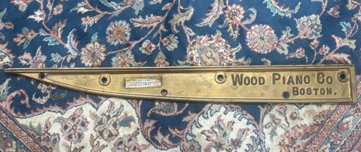 Wood Piano Co PLaque Boston Manufacturing Brass Label Advertisement 1900s Rare