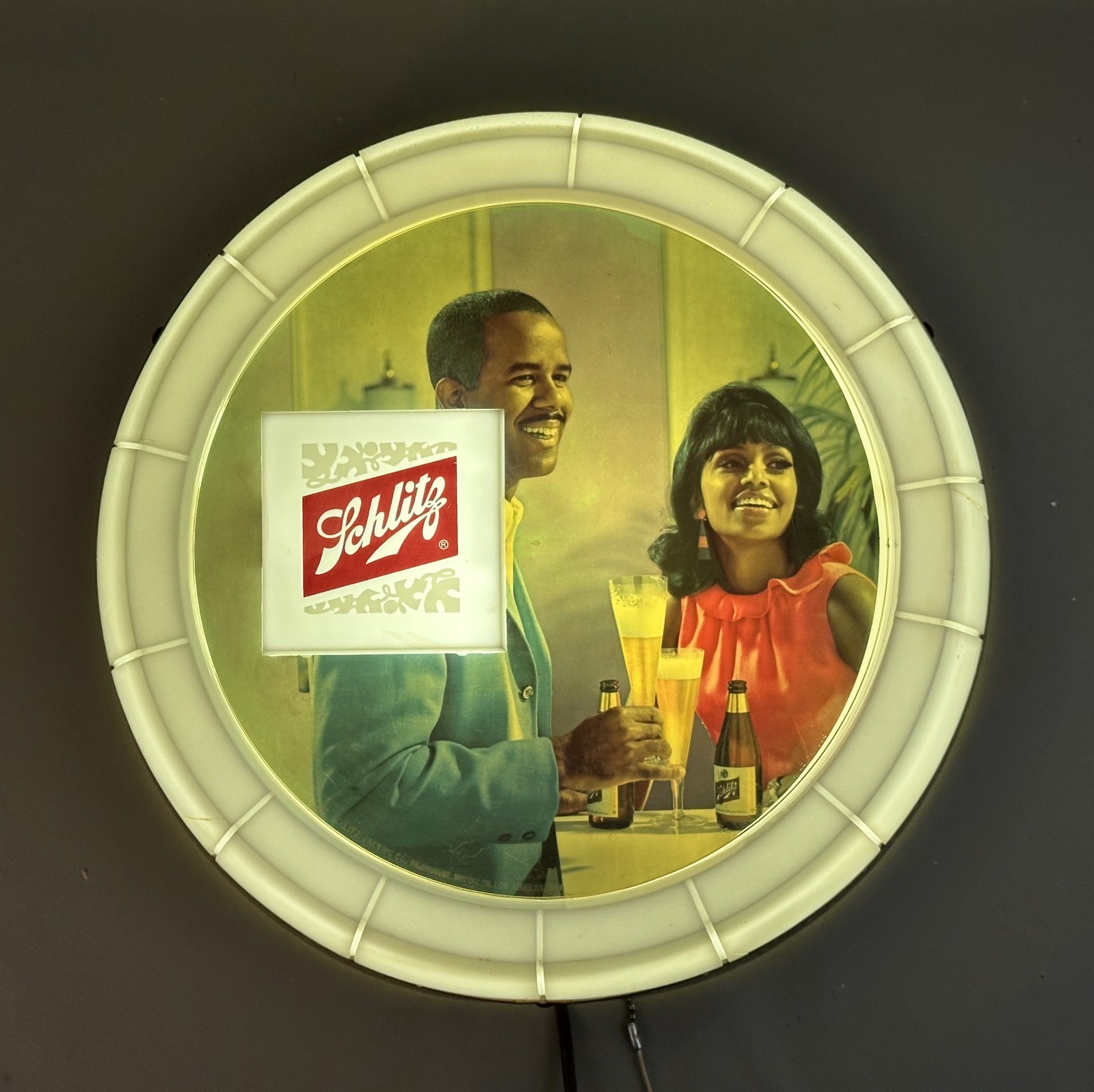 VTG 1966 Schlitz Beer Lighted Barrel Bar Sign 14.5” African American Couple