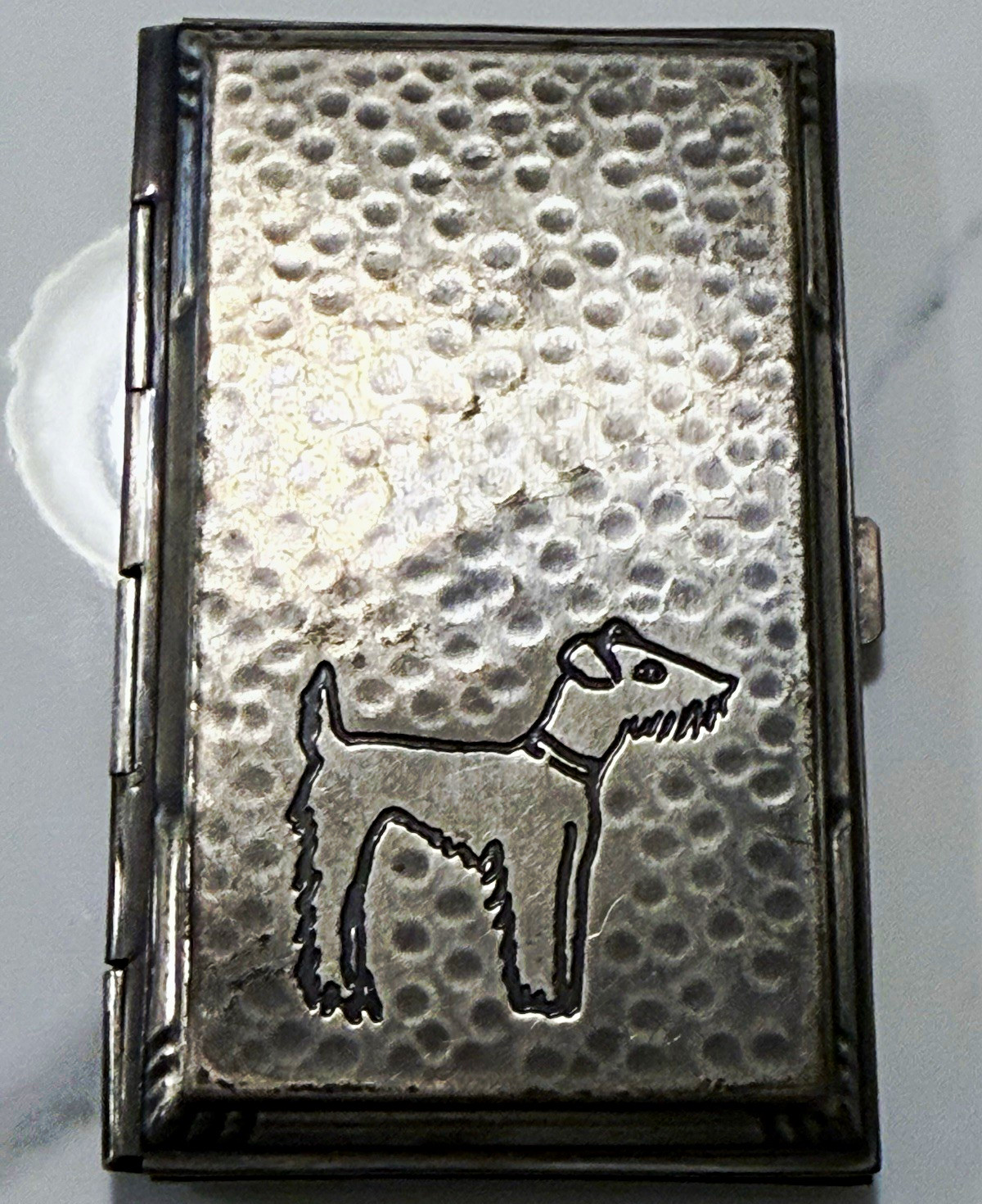 Vintage Hammered Metal Cigarette Case Terrier Dog Motif Art Deco 3.75 In Vintage Hammered Metal Cigarette Case Terrier Dog Motif Art Deco 3.75 In