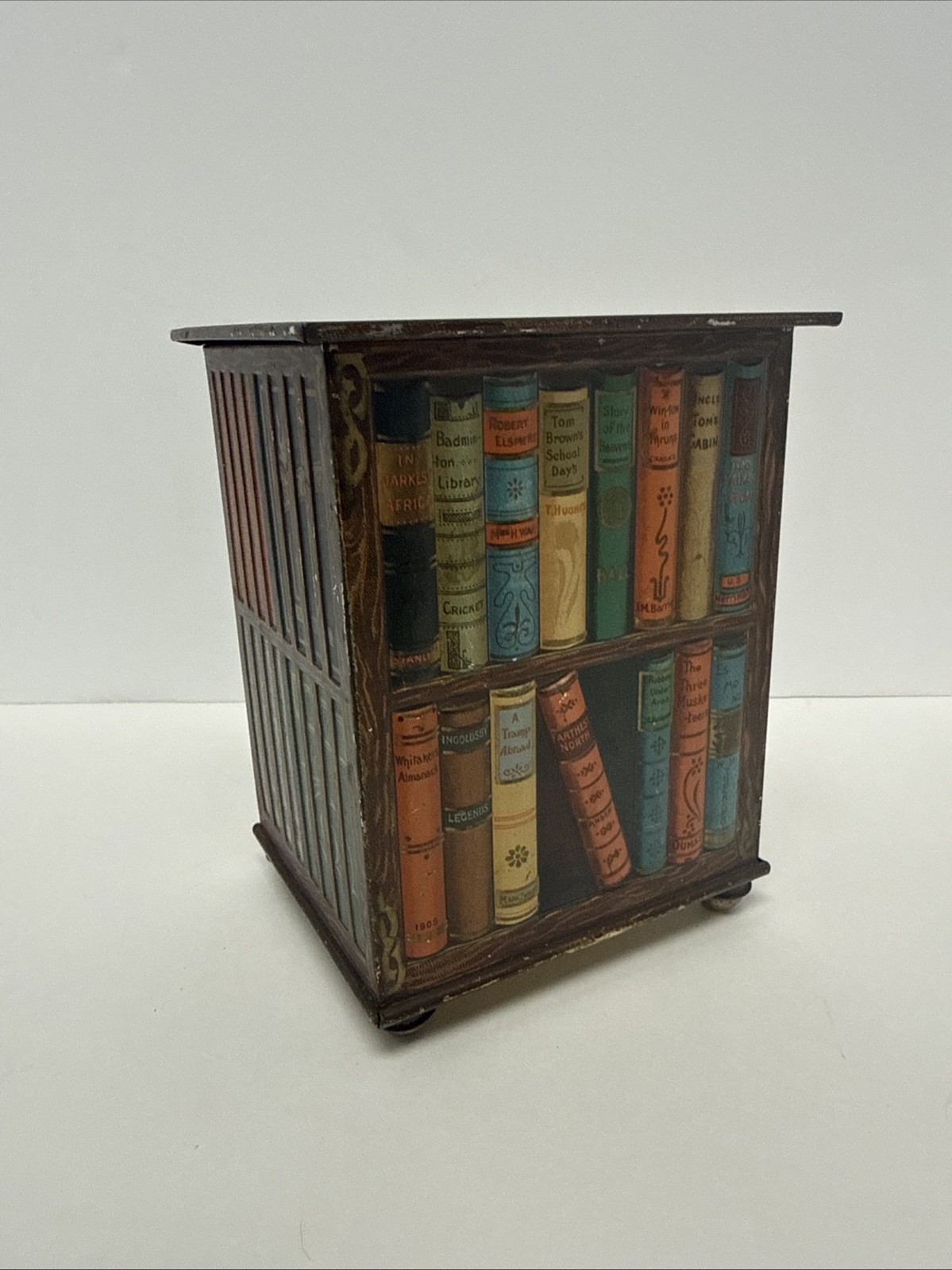 ANTIQUE BISCUIT TIN HUNTLEY & PALMERS BOUND VICTORIAN BOOKS IN BOOK CASE EXC