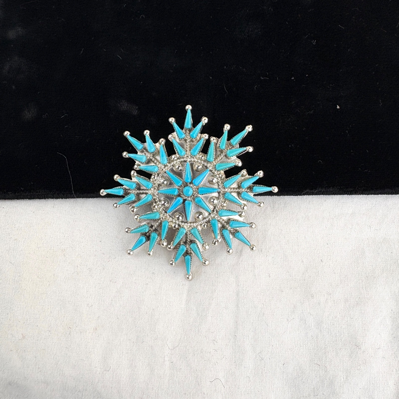 Large Zuni Petit Point Turquoise & Silver Snowflake Pendant Pin by Vera Halusewa