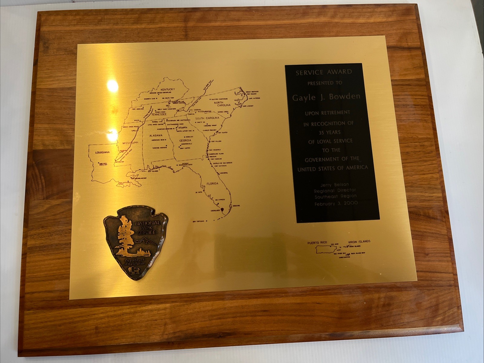 VTG 2000 National Park Service NPS Plaque Jerry Belson Southeast Director 15x18”