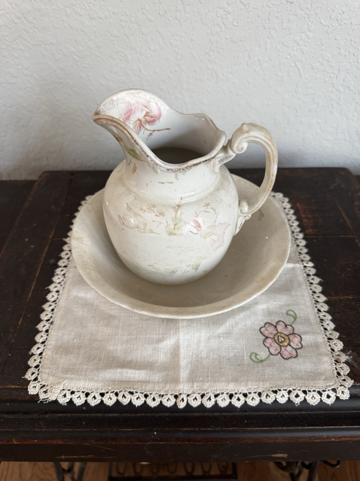 Antique Maddocks Lamberton Works Wash Pitcher Basin Bowl Set Pink Floral China