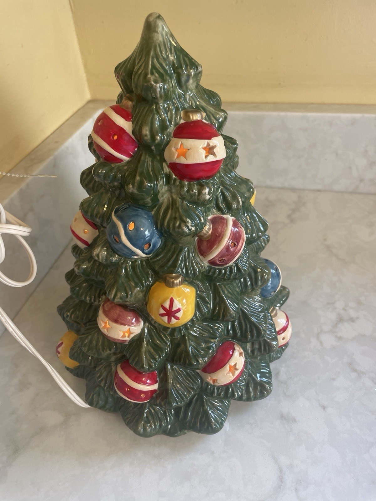Vintage 11 inch lighted Christmas tree with ornaments