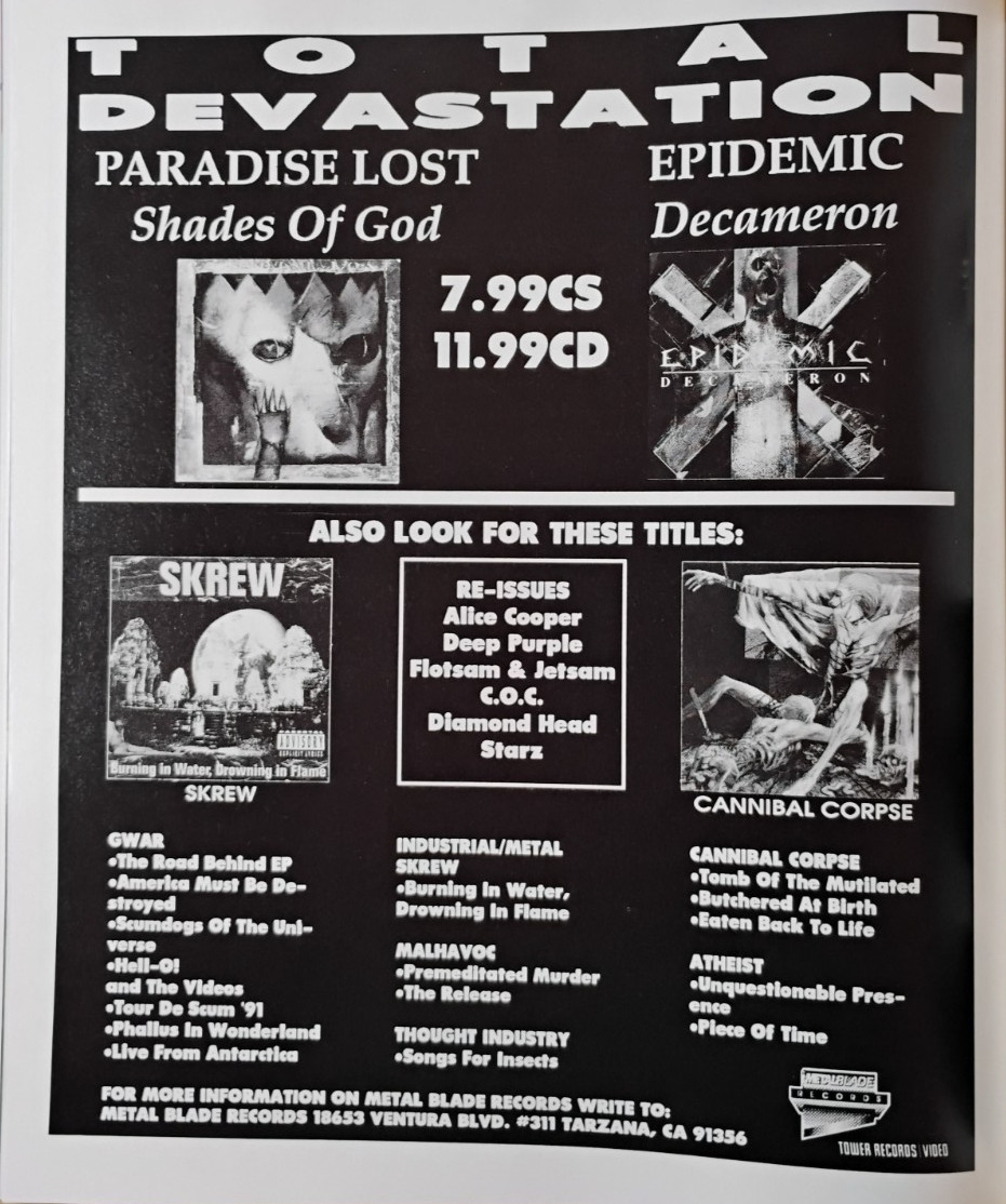 1992 DEATH METAL ORIGINAL UNFRAMED magazine PROMO AD 9 X 10.5