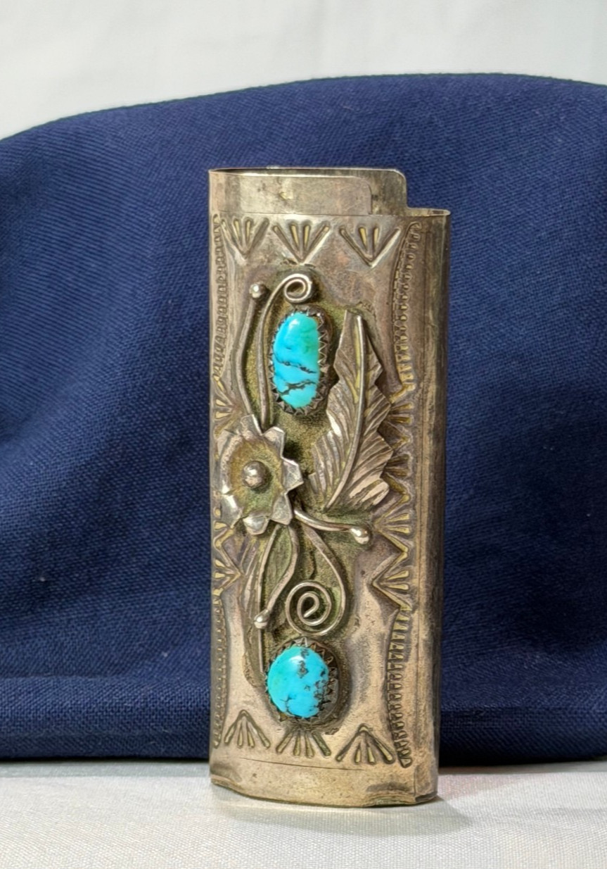 Vtg Sterling Silver & Turquoise Lighter Sleeve 13 Grams Floral Southwest Style
