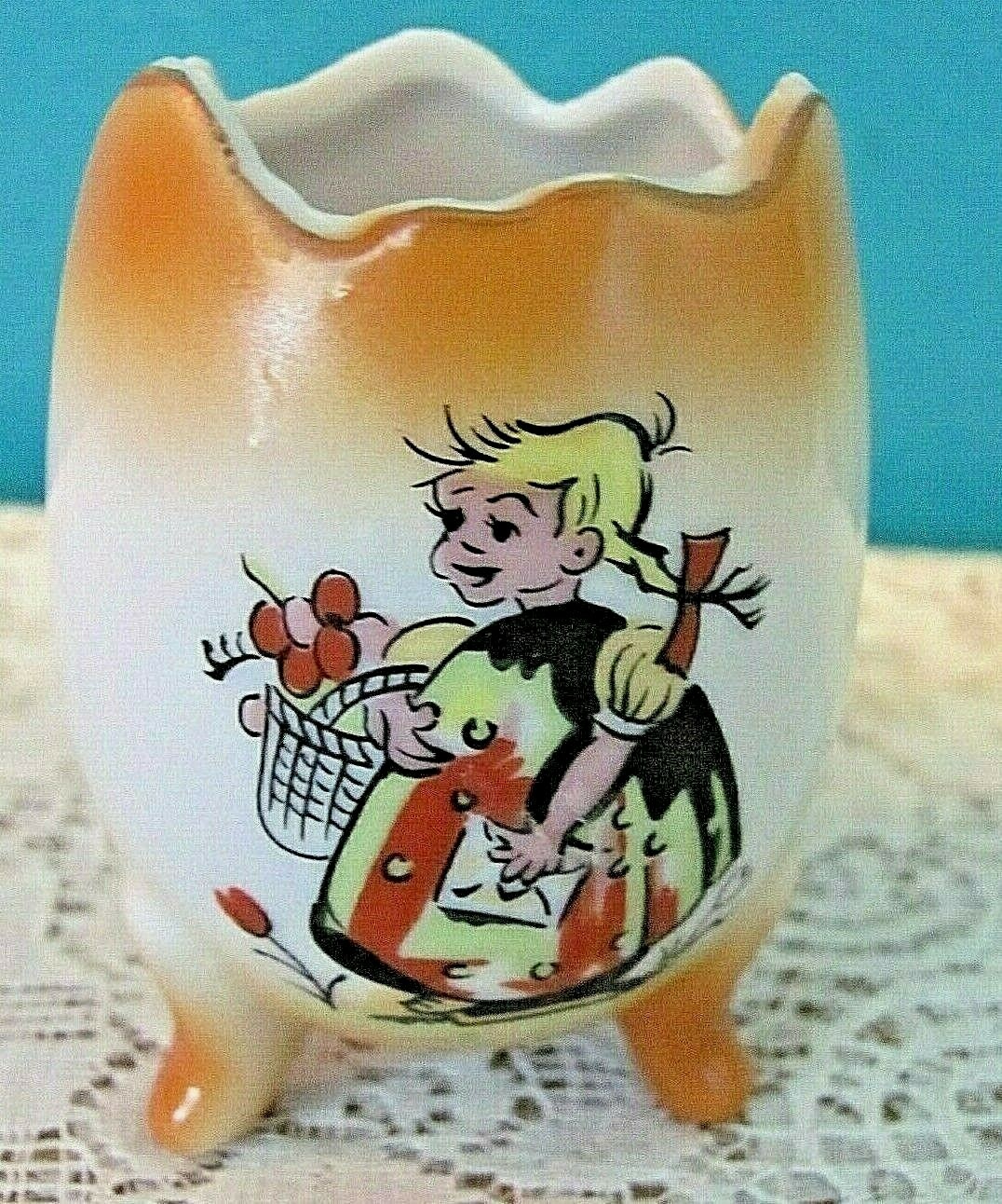 Small Vintage Enesco Japan Three Leg Egg Shaped Vase With Little Girl