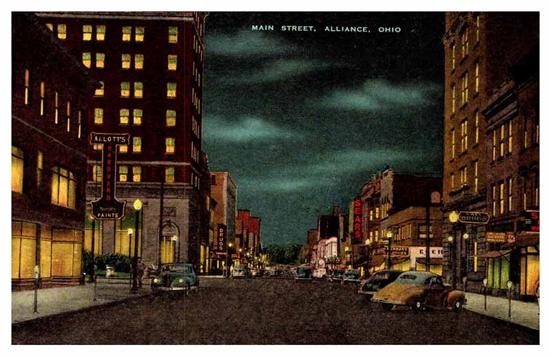 Alliance OH postcard MAIN STREET AT NIGHT WITH VINTAGE CARS & SHOPS s/06 AQ5699 Alliance OH postcard MAIN STREET AT NIGHT WITH VINTAGE CARS & SHOPS s/06 AQ5699