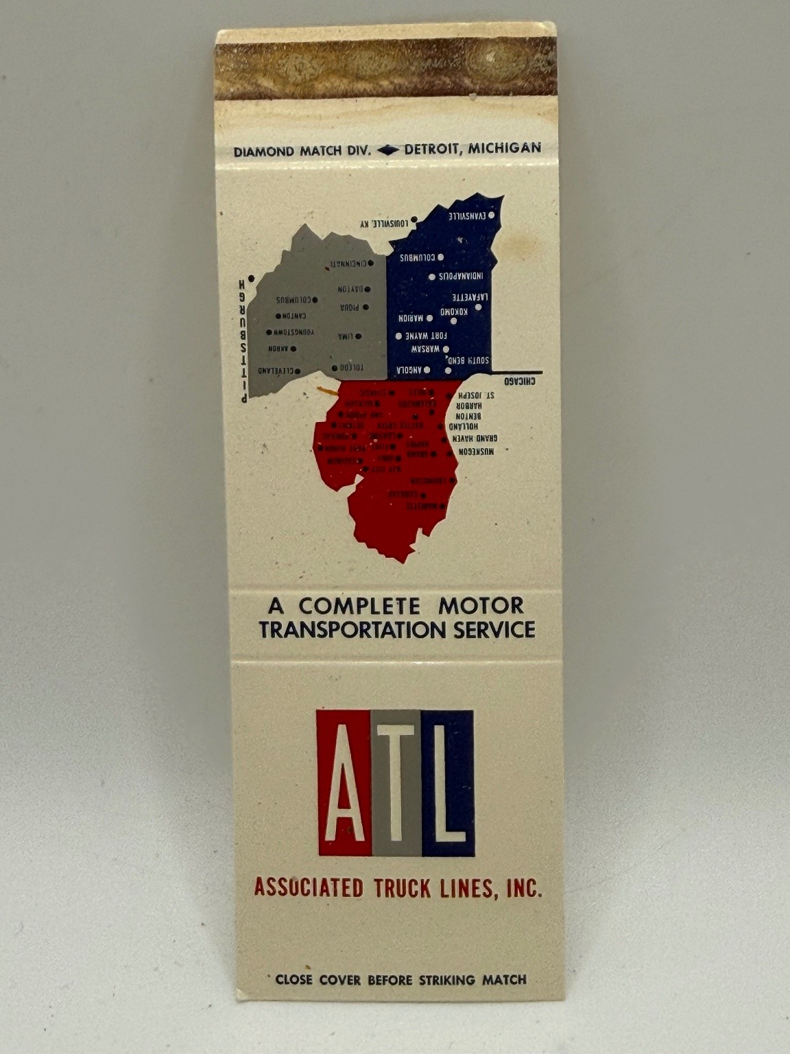 Vintage ATL Associated Truck Lines Matchbook Detroit Michigan Map Ad