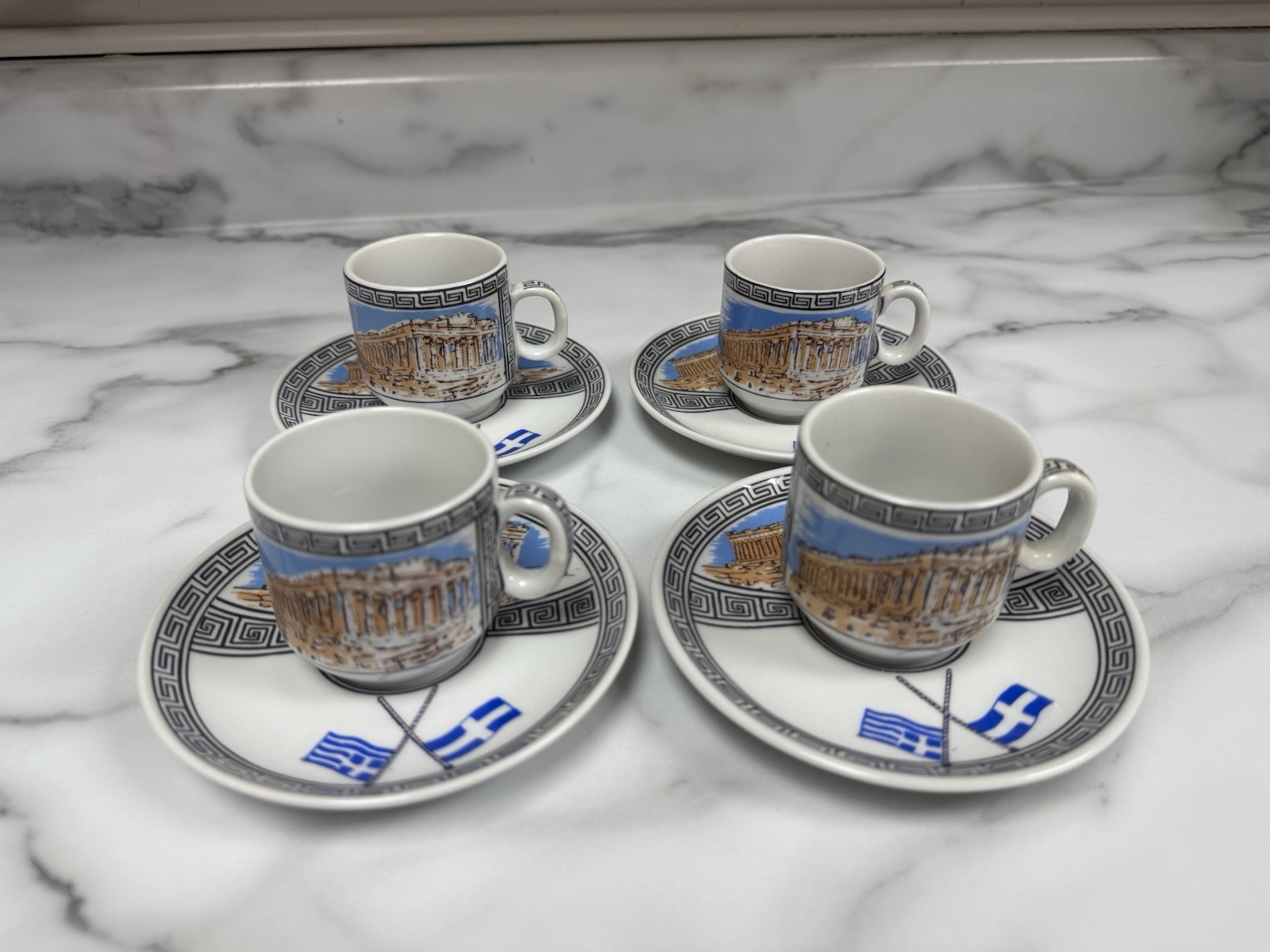 D. Vassilopoulos Espresso Cup And Saucer Set Of 4 Greek Parthenon Acropolis 103