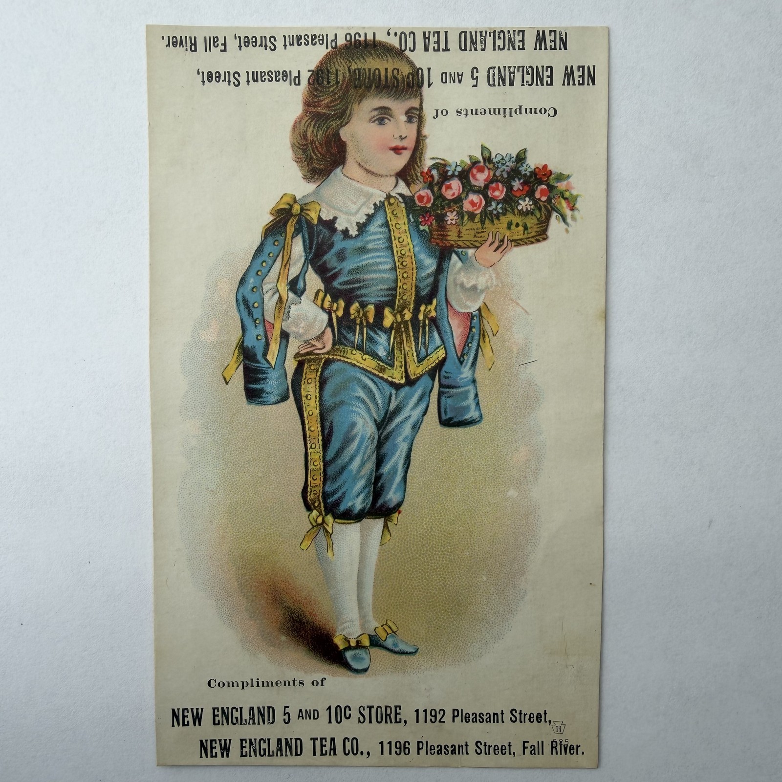 1890s New England Tea Co Fall River MA Victorian Litho Trade Card Boy Flowers 1890s New England Tea Co Fall River MA Victorian Litho Trade Card Boy Flowers