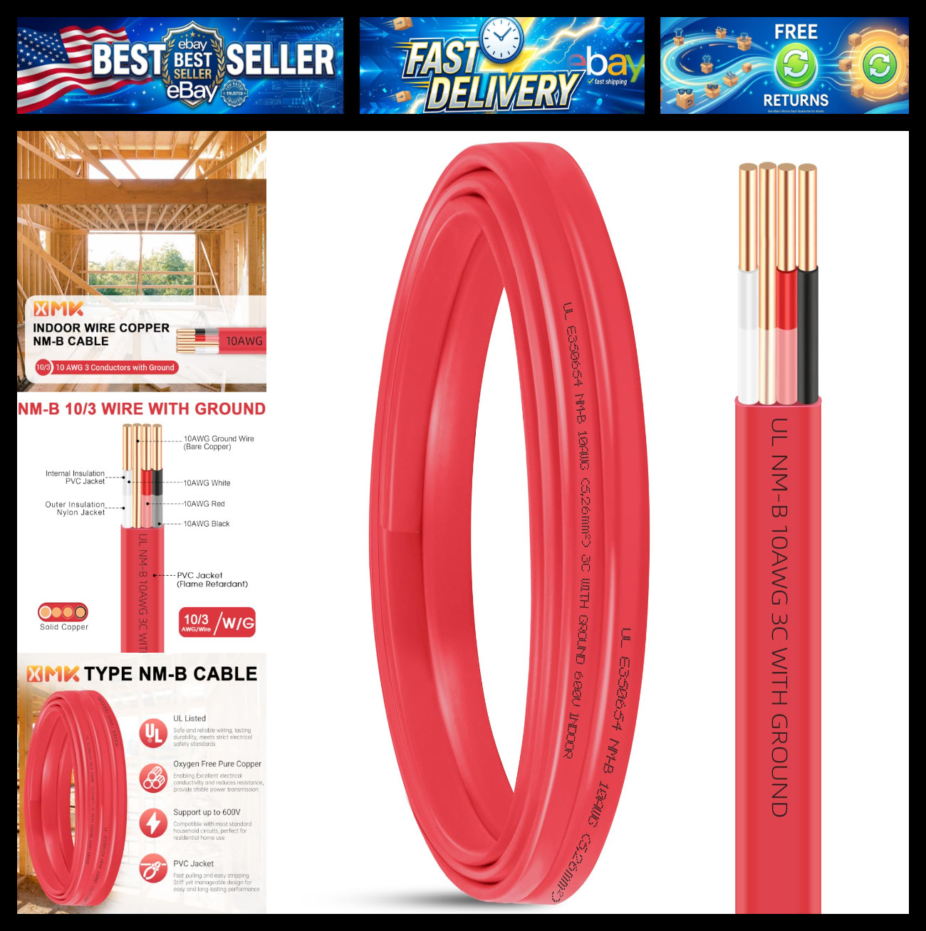 XMK NM-B 10/3 Wire with Ground,10/3 Electrical Wire 10 Gauge 3 Conductors