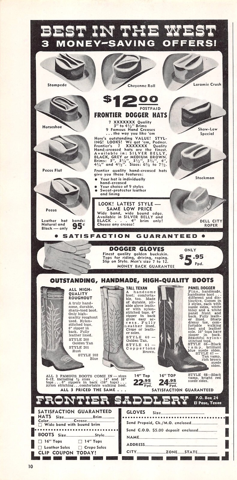 Frontier Saddlery Dogger Hats & Gloves Boots El Paso Texas Vtg Magazine Print Ad