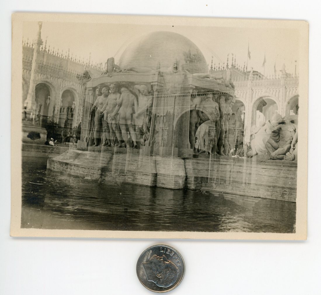 Vintage 1920\'s DOUBLE EXPOSURE photo / Ancient Fountain Collides w/ World\'s Fair