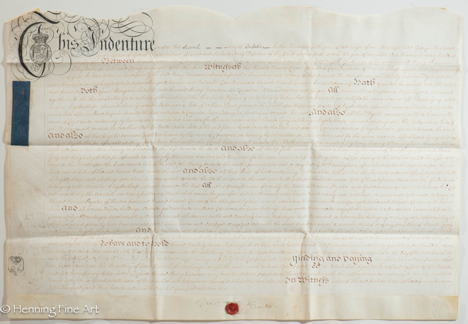 Antique 1752 English Indentured Land Contract on Vellum, 17 x 24.5 Inches