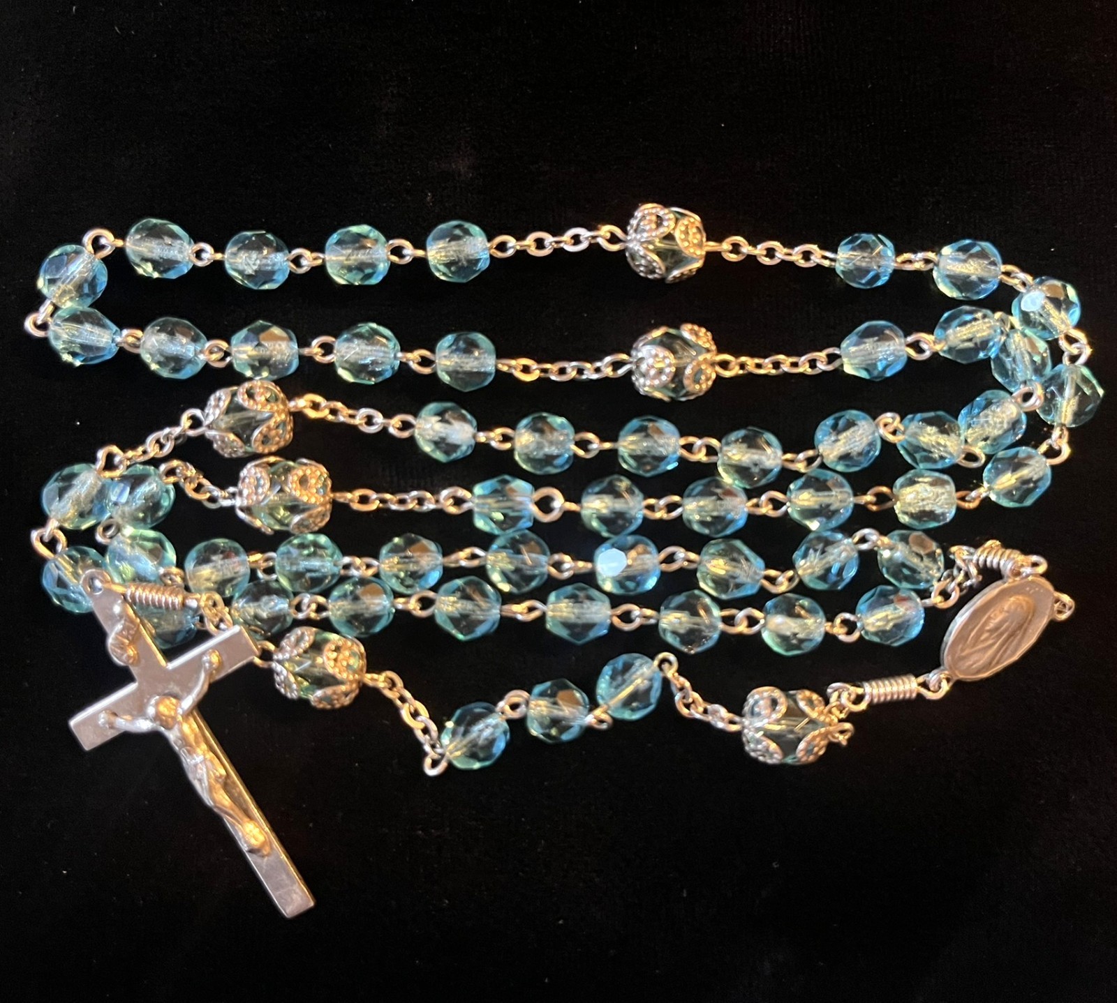 Vintage AFCO Sterling Silver Blue Topaz Crystal Rosary Filigree Dividers 20