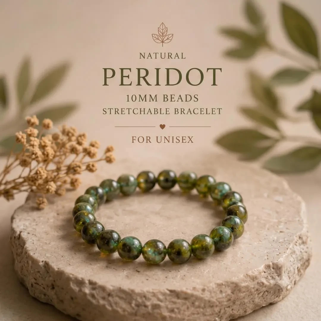 Natural Peridot Bracelet 10mm Genuine Gemstone Beaded Stretch Unisex August