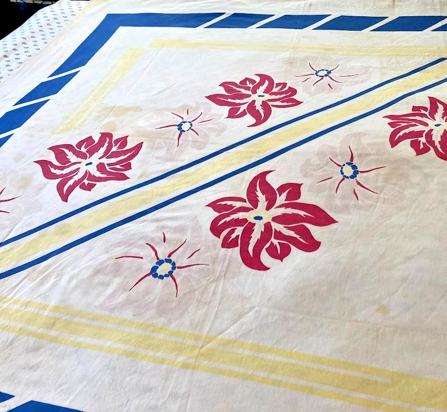 Vtg 1930s Tablecloth Pennicraft Geometric Floral Print Cotton 55x55 *stains