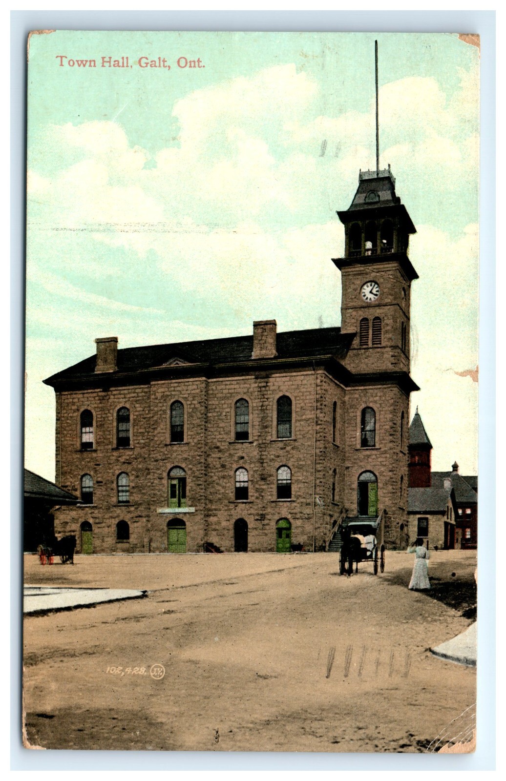 Postcard Town Hall Galt Ontario Canada Posted 1910 Horse Carriage Dirt Road