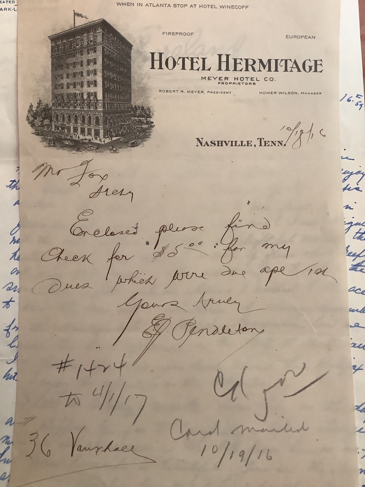 Hotel Hermitage Nashville TN 1916 Letterhead