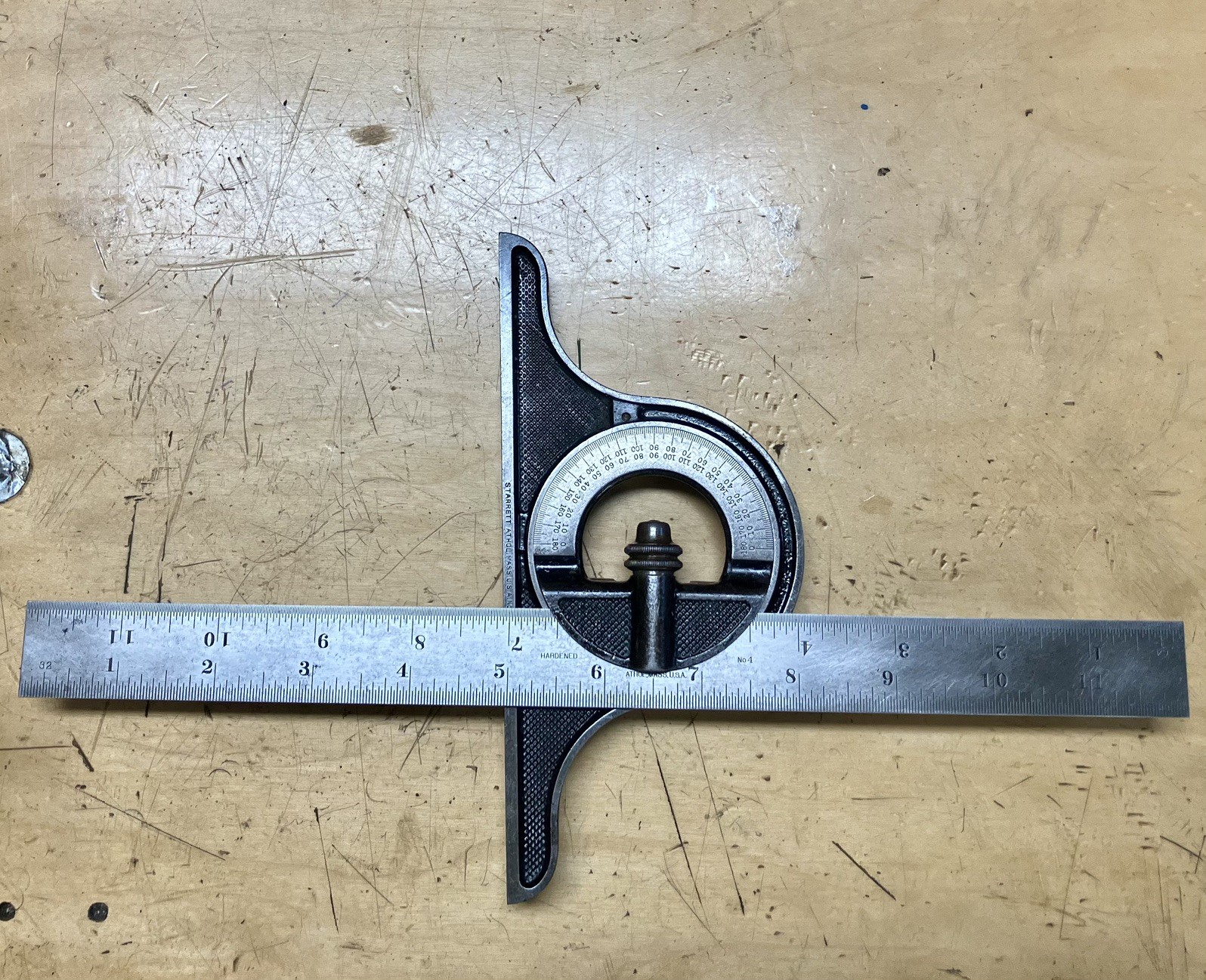Vtg L.S. Starrett No. 12 Protractor Head w/ 12” No. 4 Hardened Rule - w/Bubble