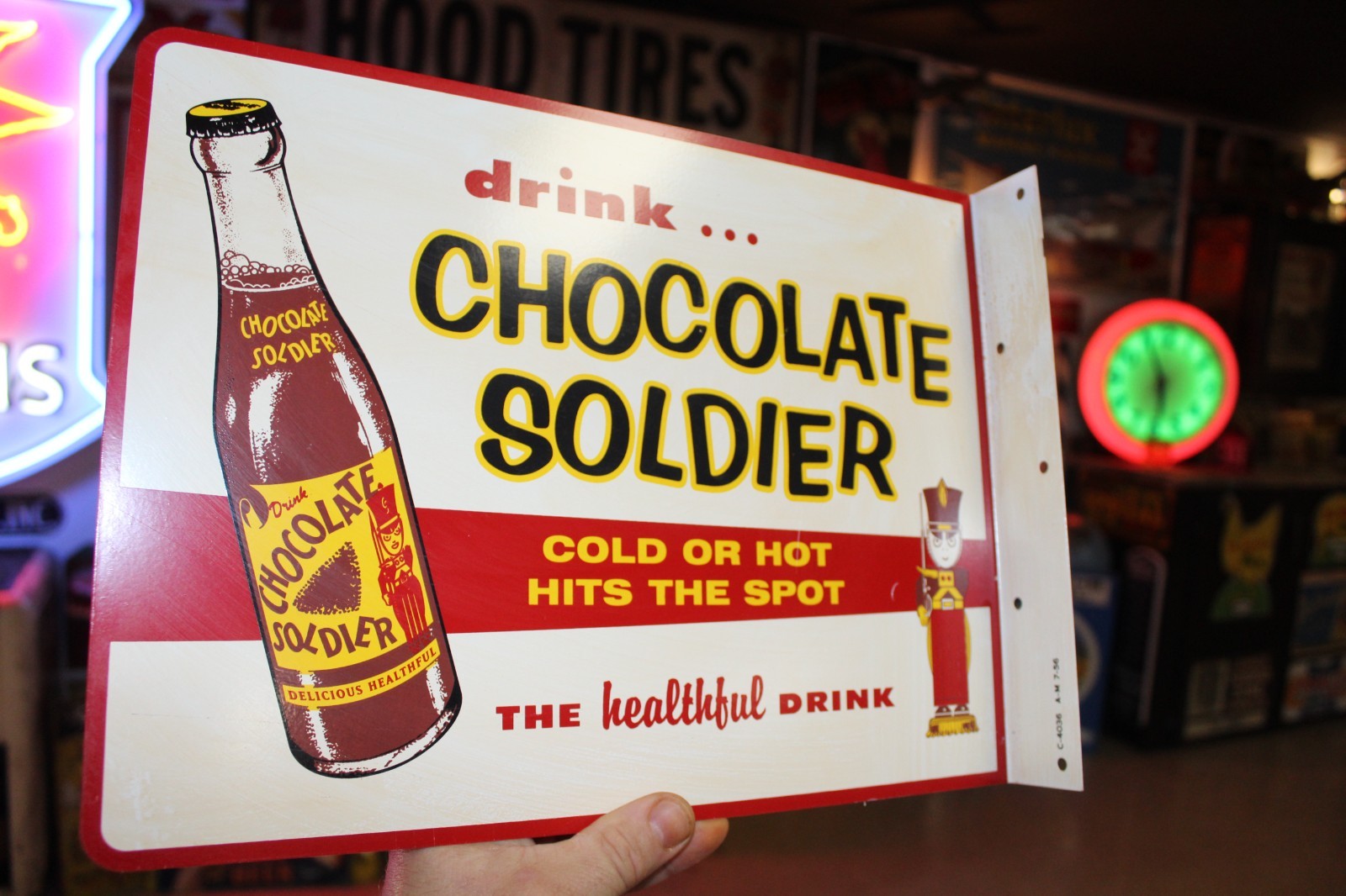 RARE 1950s DRINK CHOCOLATE SOLDIER SODA POP PAINTED METAL 2-SIDED FLANGE SIGN
