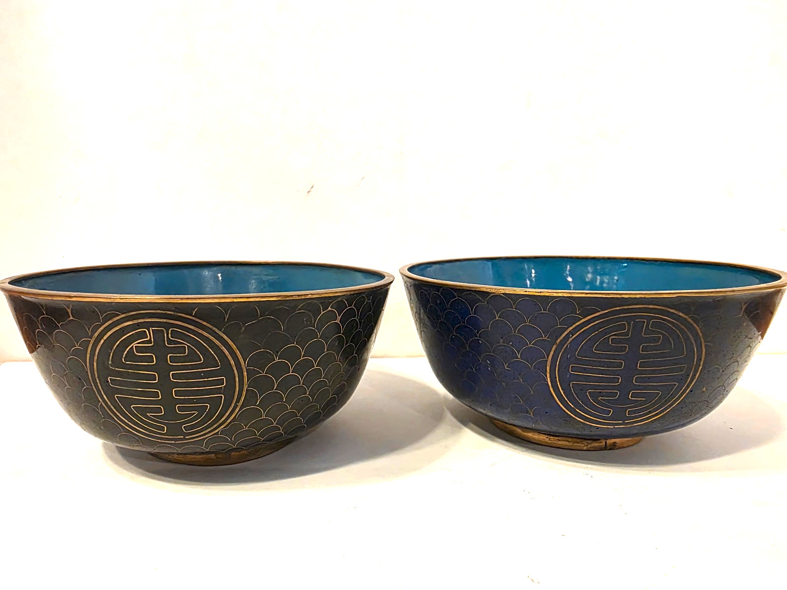2 Pc. Vintage CHINESE CLOISONNE RICE BOWLS Blue Black 2 Pc. Vintage CHINESE CLOISONNE RICE BOWLS Blue Black