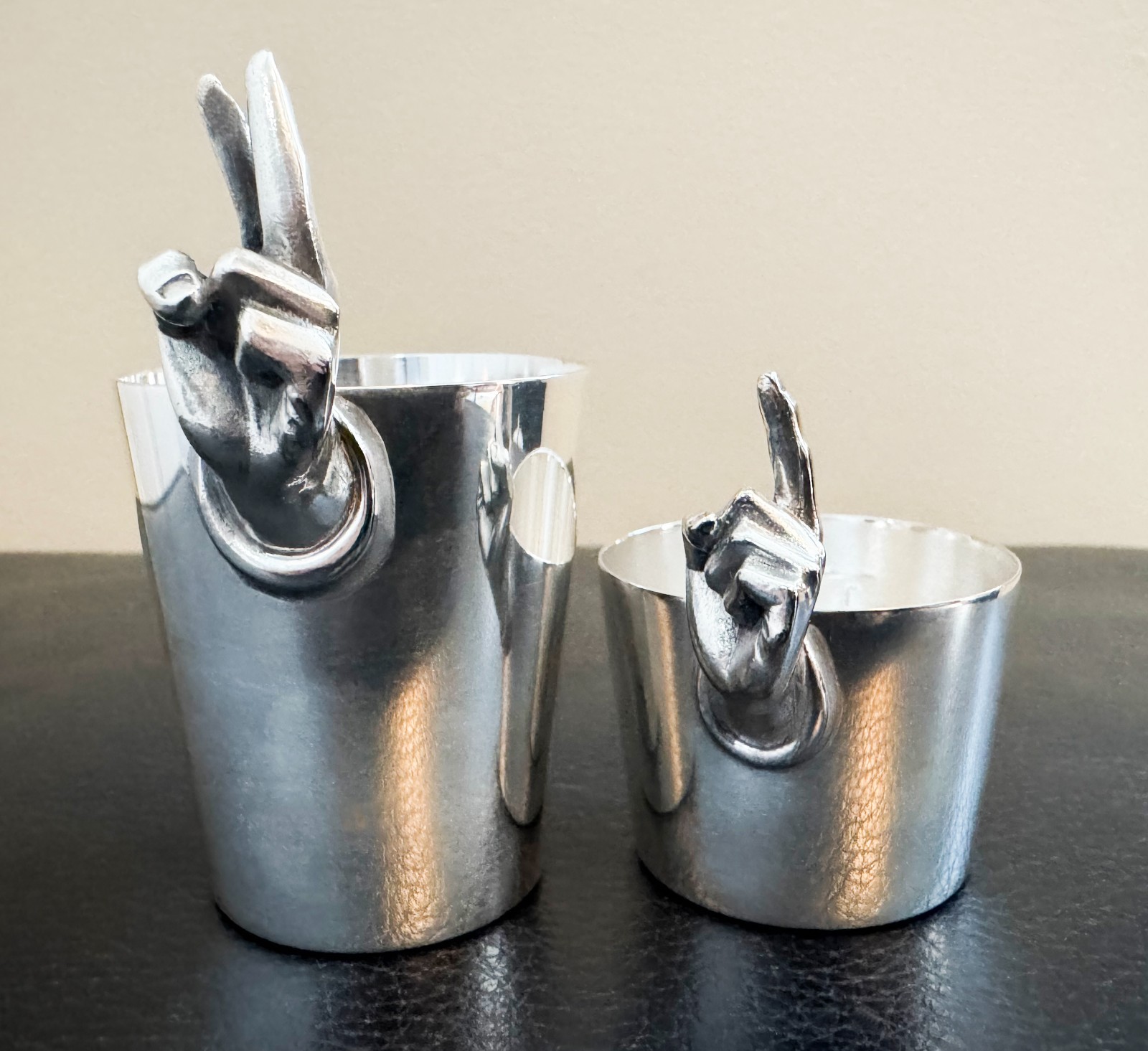 RARE FLAWLESS MCM NAPIER SILVERPLATE ONE & TWO FINGER JIGGER SET C 1948