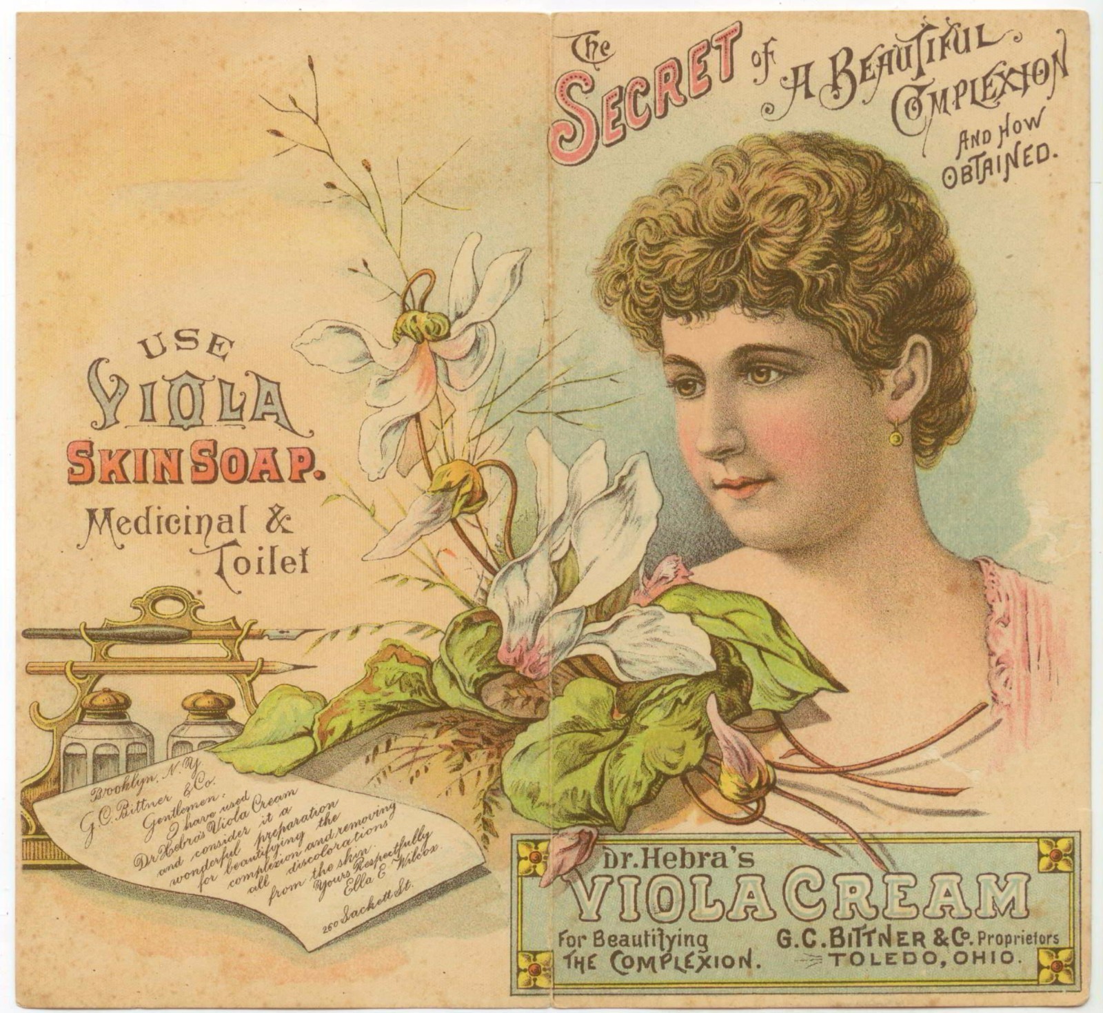 c1880s Dr.Hebra\'s Viola Cream complexion trade card - G C Bittner, Toledo Ohio