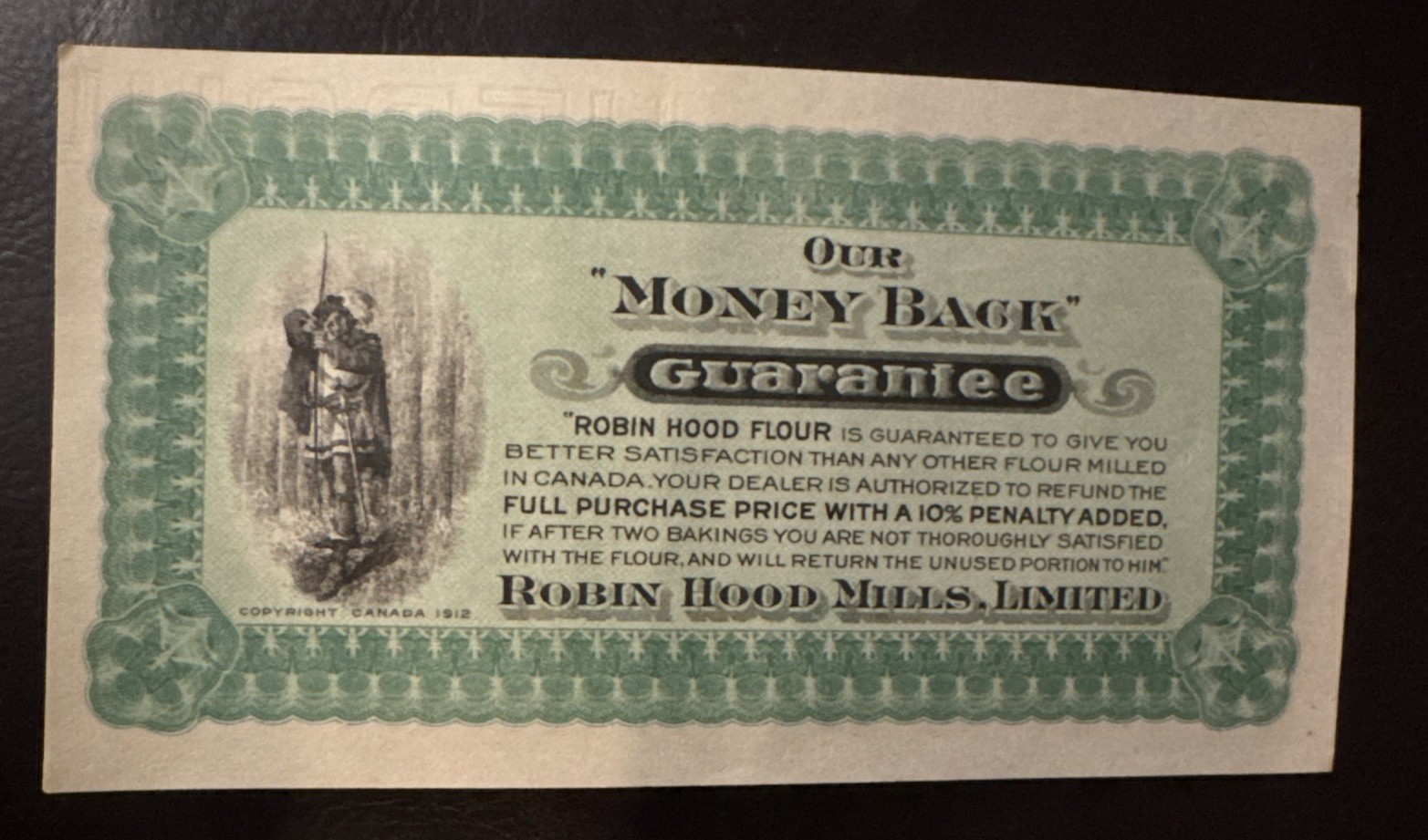 VTG 1912 ROBIN HOOD FLOUR MILLS RARE Money Back Guarantee, Voucher, Bill, NICE👀