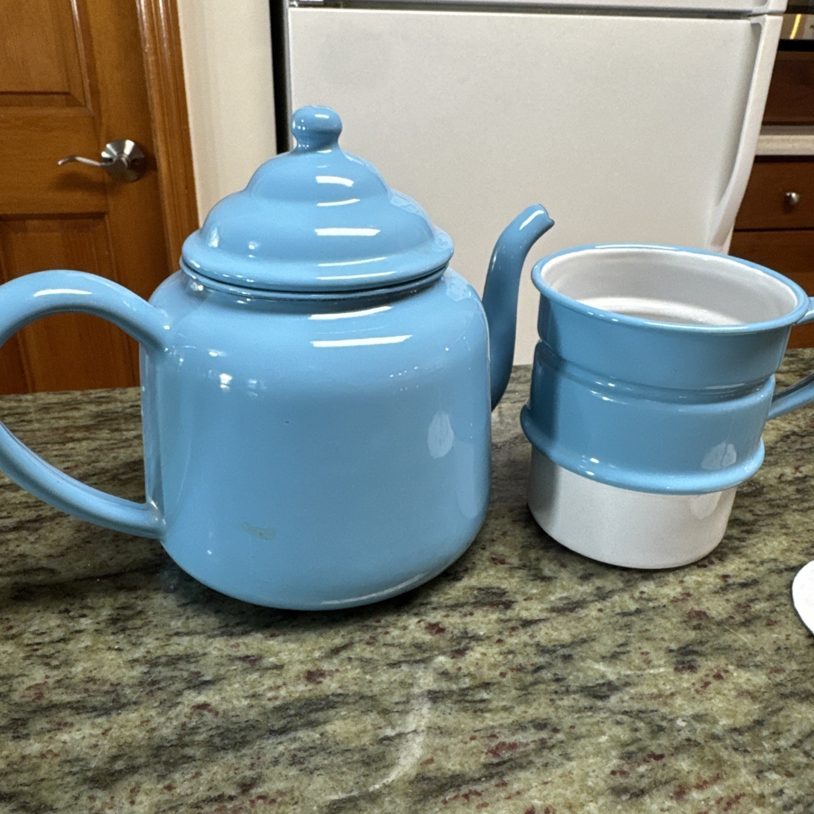 Vintage French Drip Blue Enamelware Coffee Pot Tea Mcm 1950S 60S Coffee