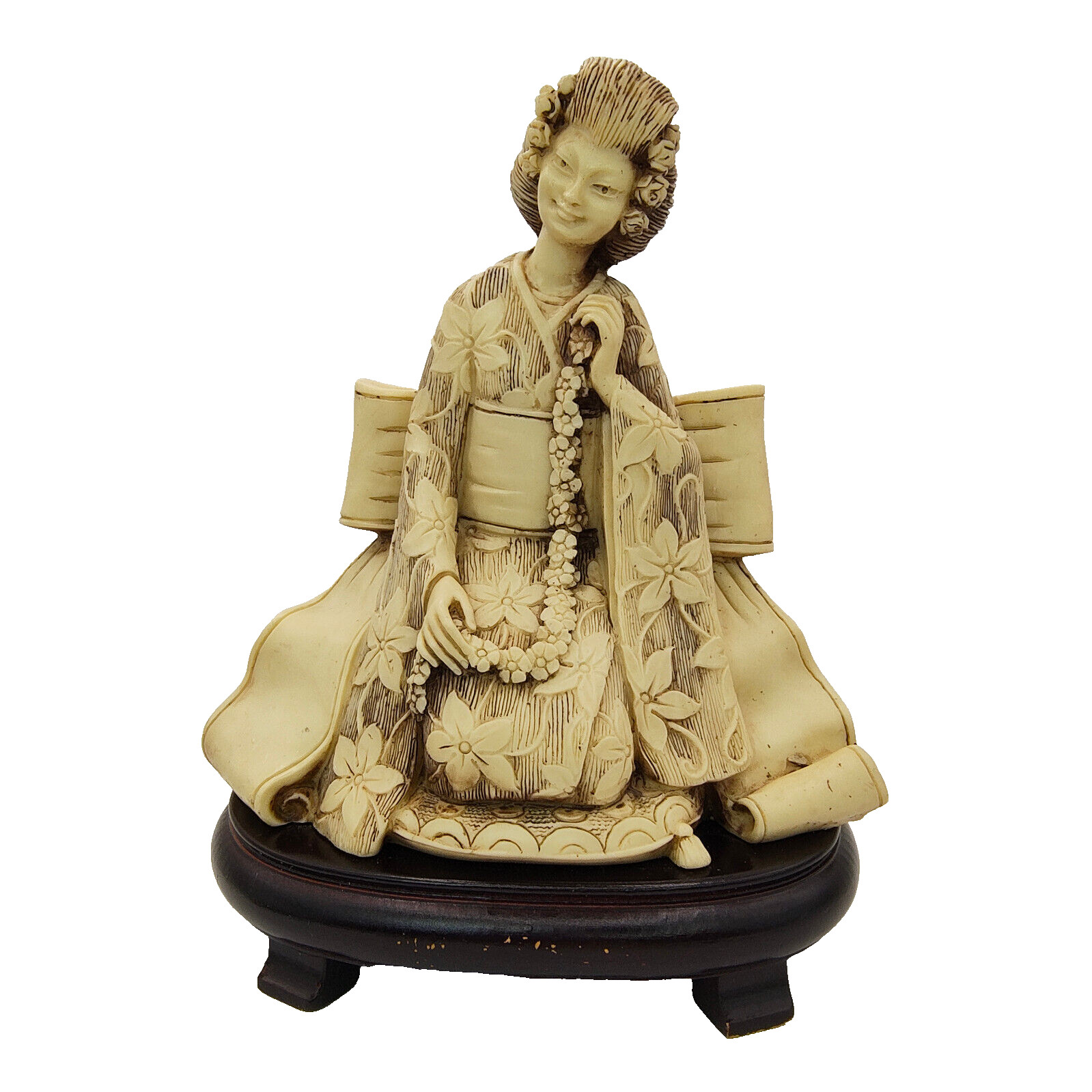 VTG Japanese Woman Lady Sculpture Figure Carved Stained Resin Wood Base 8\