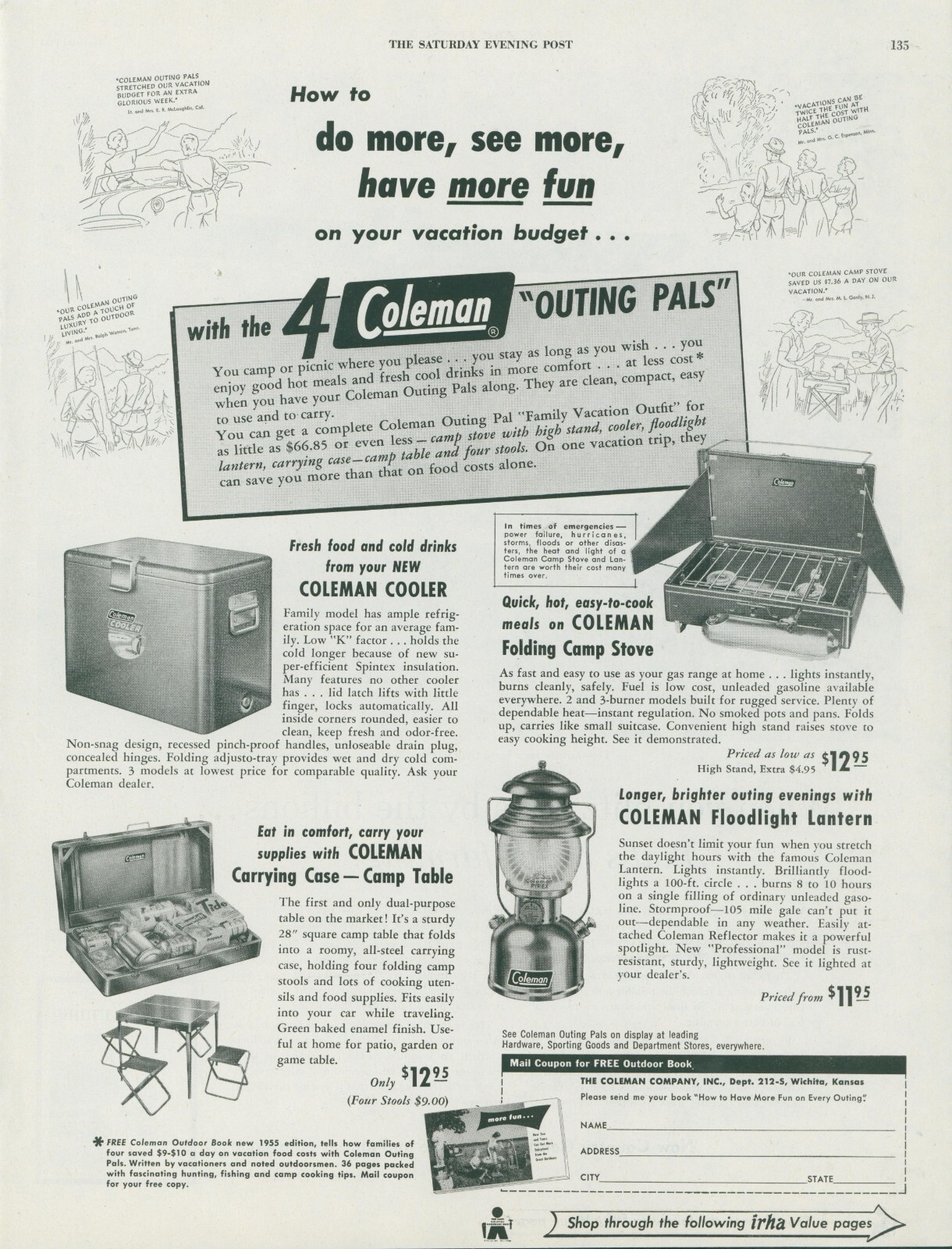 1955 Coleman Outing Pals Cooler Camp Stove Table Floodlight Lantern Ad SP22