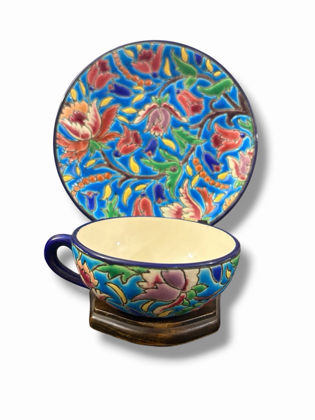 Antique Emaux de Longwy France D5685 Hand Enameled Floral Cup Saucer Blue