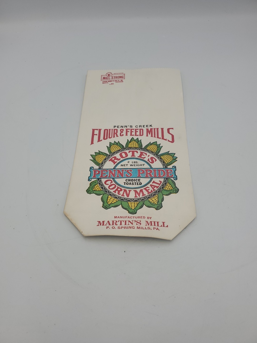 Vtg Penn\'s Creek Flour Feed ROTE\'S Corn Meal Bag Martin Mill Spring Mills PA 2LB