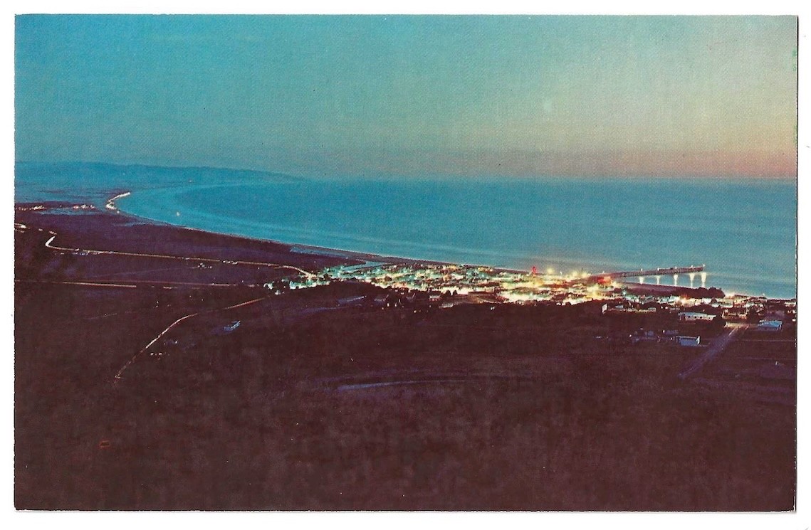 Pismo Beach California c1950\'s aerial night view, pier, Pacific Ocean