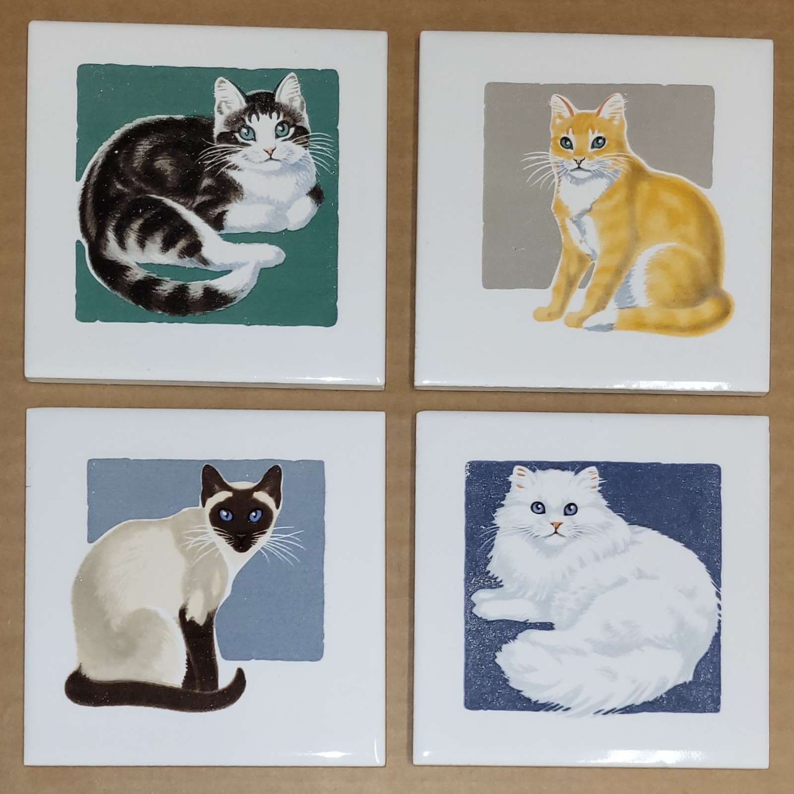 VTG Gonder Art Ceramic Cat Tile Set MCM Siamese Tabby Yellow White B&W Kitten 