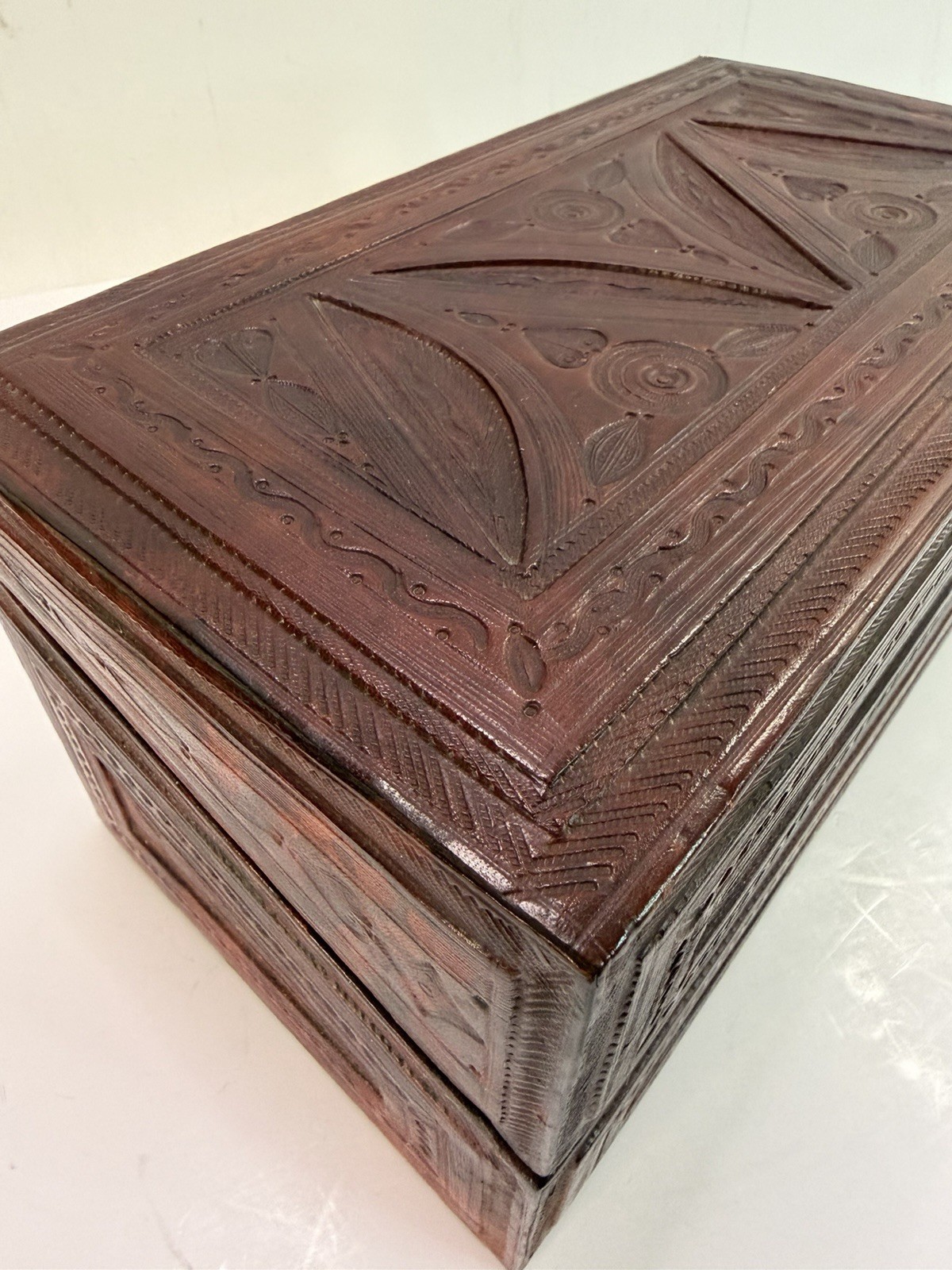 Vintage Tuareg African Slant Lid Hand Tooled Leather Jewelry Box 12x6.5 Handmade