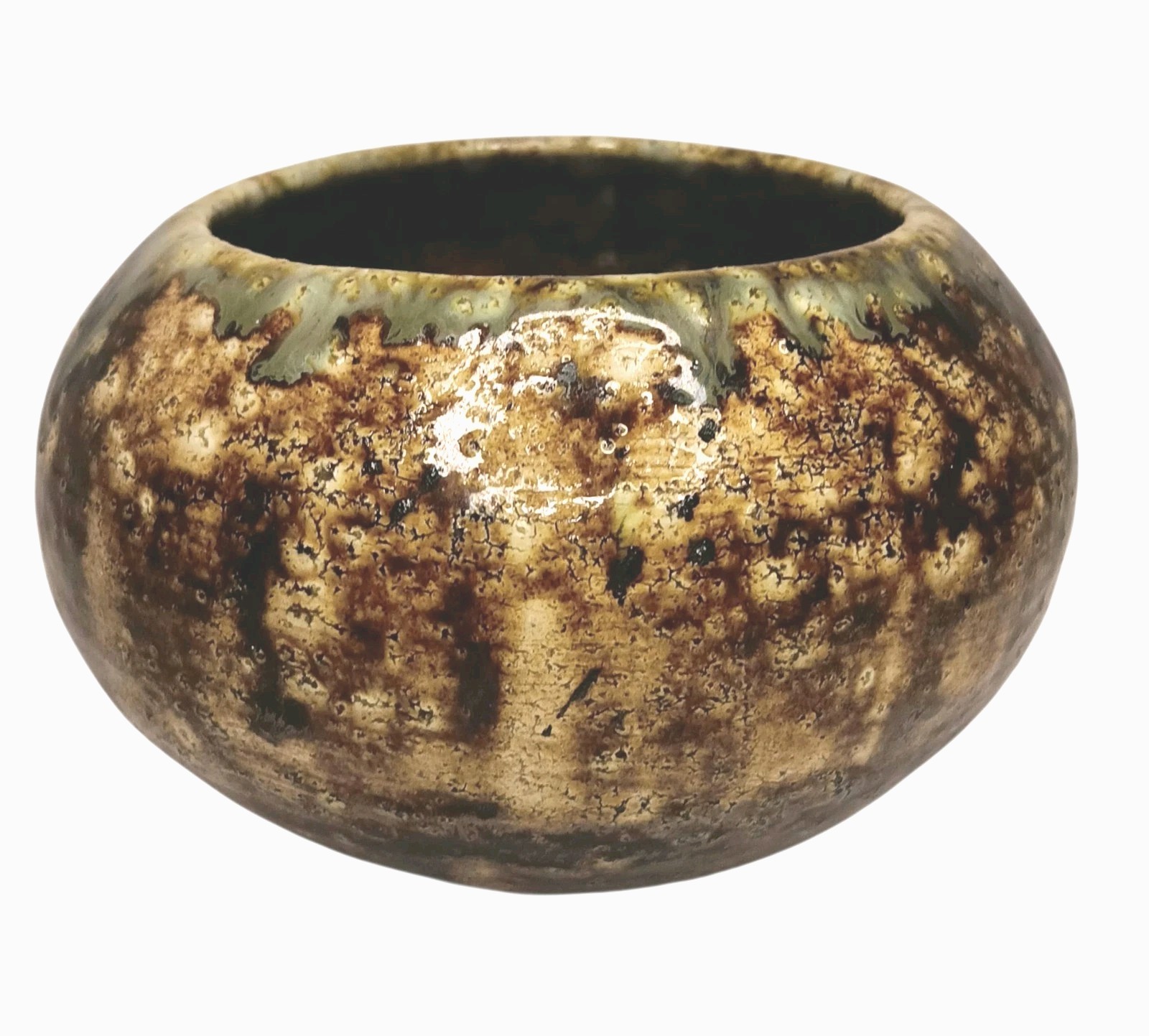 Studio Art Pottery Ceramic Round Planter Mottled Brown Tan & Green 5