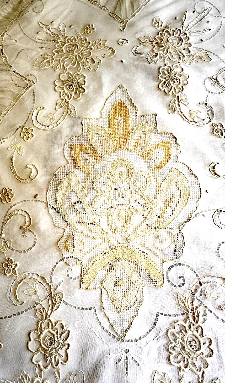 Antique Cottagecore Lace Bedspread w/ Embroidery, Tambour Tassels B160 Antique Cottagecore Lace Bedspread w/ Embroidery, Tambour Tassels B160