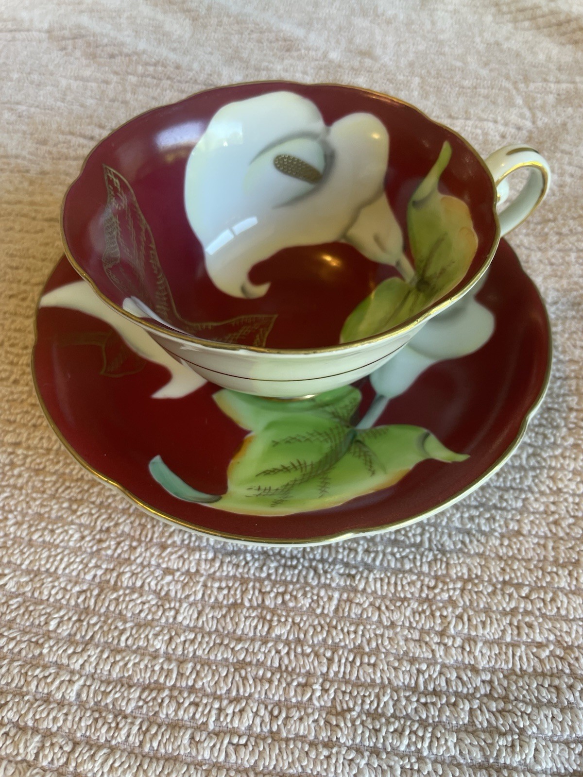 WAKO Occupied Japan Red Calla Lily Tea Cup & Saucer Gold Trim Vintage