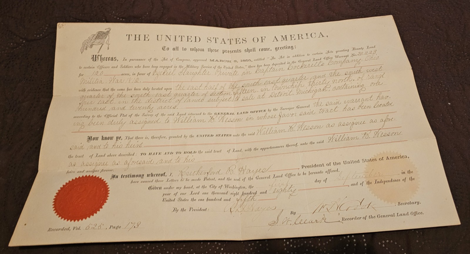 President Rutherford B. Hayes Land Grant 1880 (secretarial signed)