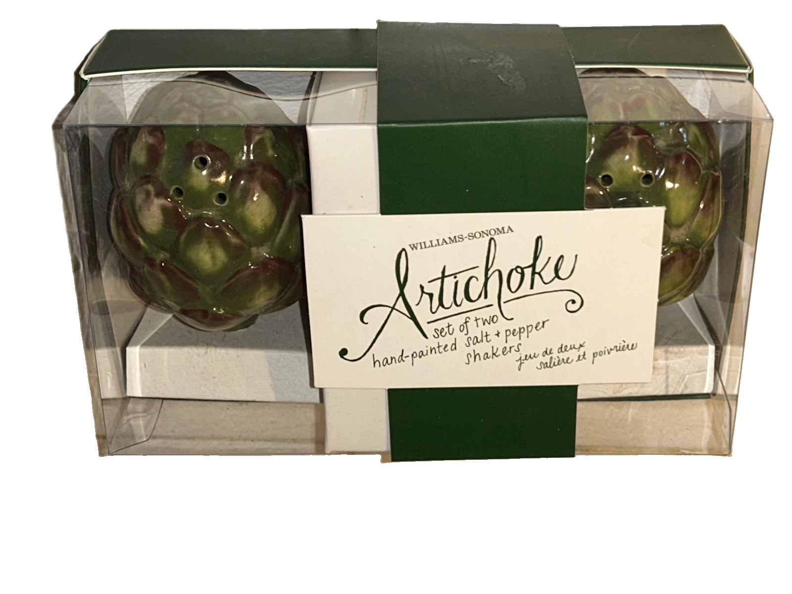 NIB WILLIAMS-SONOMA Retired Hand Painted Artichoke  Salt/Pepper Shaker Set