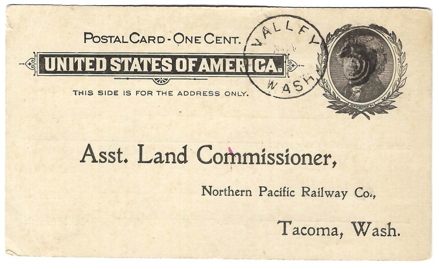 1902 Postal Card, Northern Pacific Railway Co., Tacoma, One Cent - Valley Wash 1902 Postal Card, Northern Pacific Railway Co., Tacoma, One Cent - Valley Wash