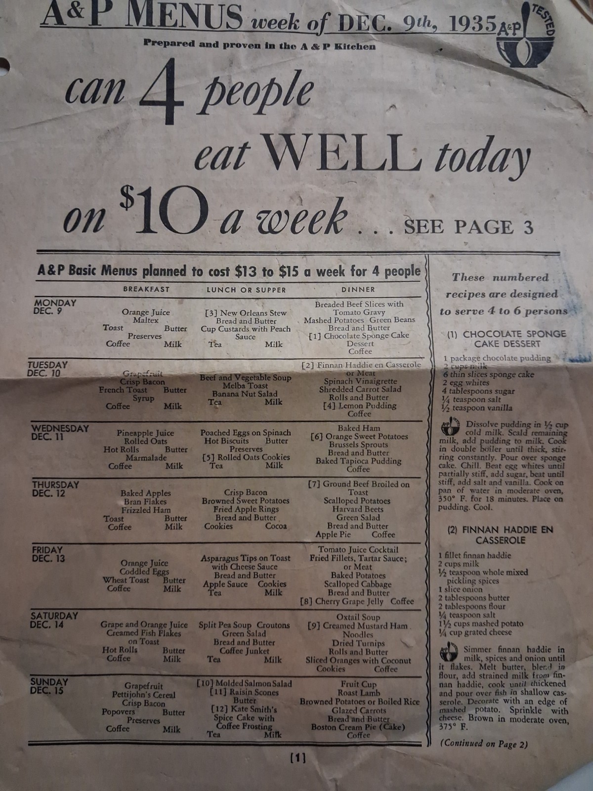 1935 A&P Menu December 9th GROCERY STORE Depression era